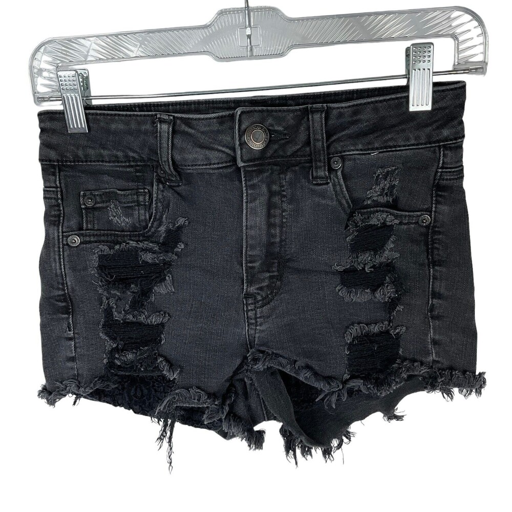 American Eagle Cut Off Short Distressed Stretch Shortie Denim Black Lace  Size 0